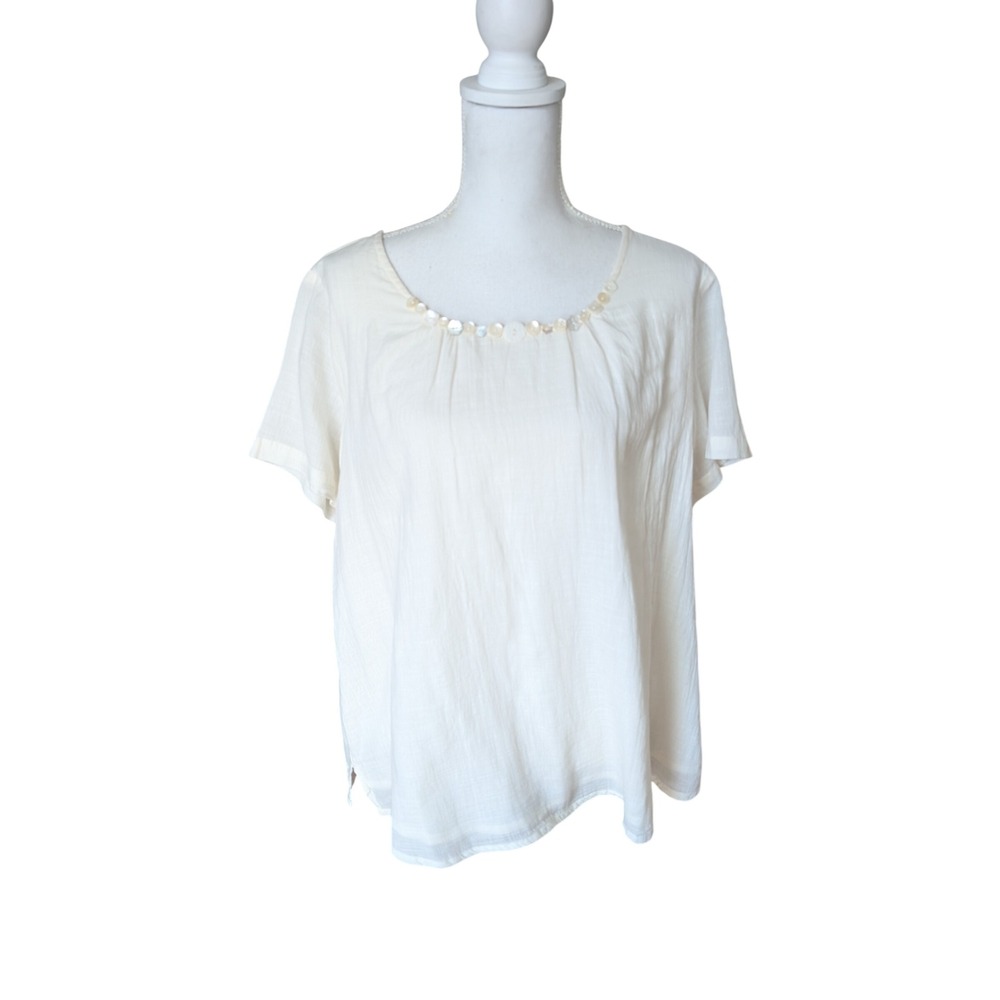 April Cornell NWT Ivory Cotton Button Neck Crinkle Blouse Short Sleeve Top XL
